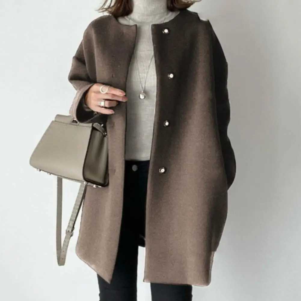 Round Neck Coat Stylish Woolen Coat for Women Button-down Round Neck Outerwear Mid Length Jacket for Fall Winter for Commuting Z250813
