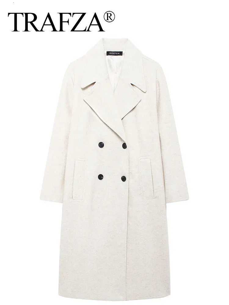 2024 TRAFZA Autumn New Women Loose Coat Lapel Double Breasted Long Sleeve Jacket Winter Warm Thick Vintage Solid Trench Outerwear Z250813