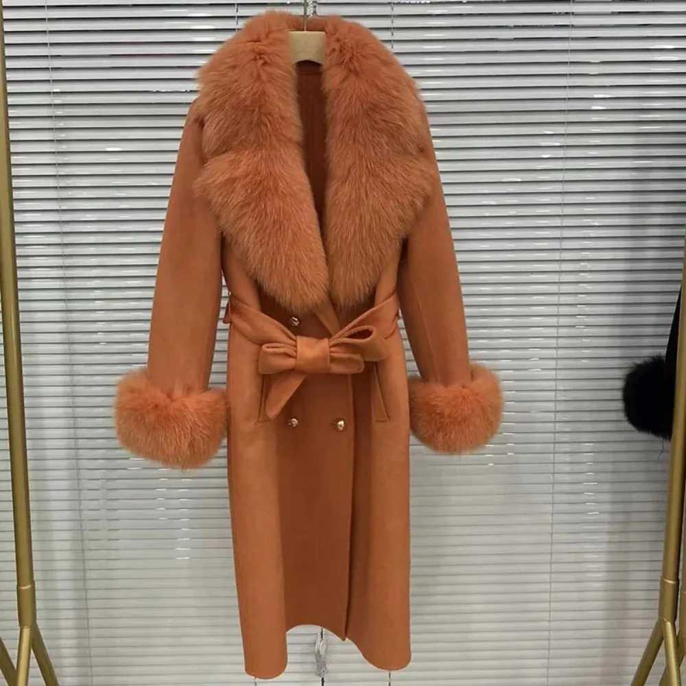 2024 Women Wool Cashmere Blended Coat Double Breasted Belt Outerwear Cuff New Long Real Fur Collar Fashion Winter Jacket Z250813