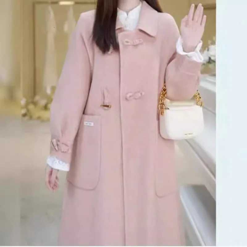 Double Cashmere Coat Womens Extended Horn Button Woolen Coat Z250813
