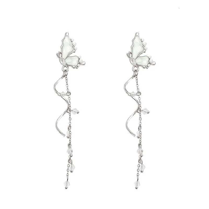 S925 Silver Needle Blue Color Drip Glaze Butterfly Imitation Pearl Long Tassel Earrings for Women Trendy Earrings Travel Gift Y250812
