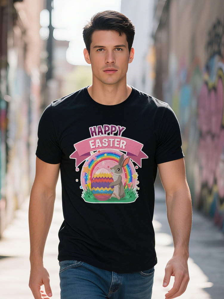 Men S Graphic T-Shirt Happy Bunny Egg Design Round Neck Lightweight Stretchy Perfect for Spring Celebrations Casual