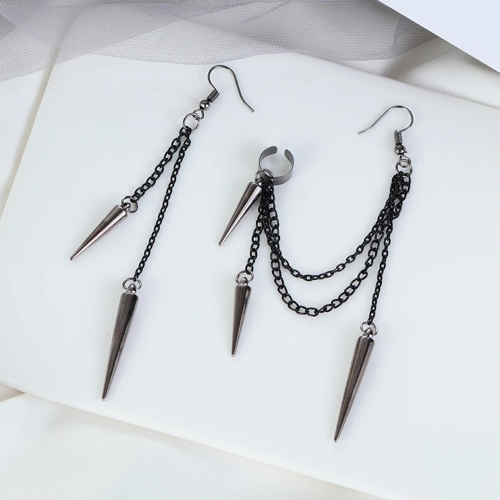 Men Retro Black Tassel Chain Long Earrings Punk Earrings Hiphop Rivet Earrings For Women Gothic Party Jewelry Pendientes 250812
