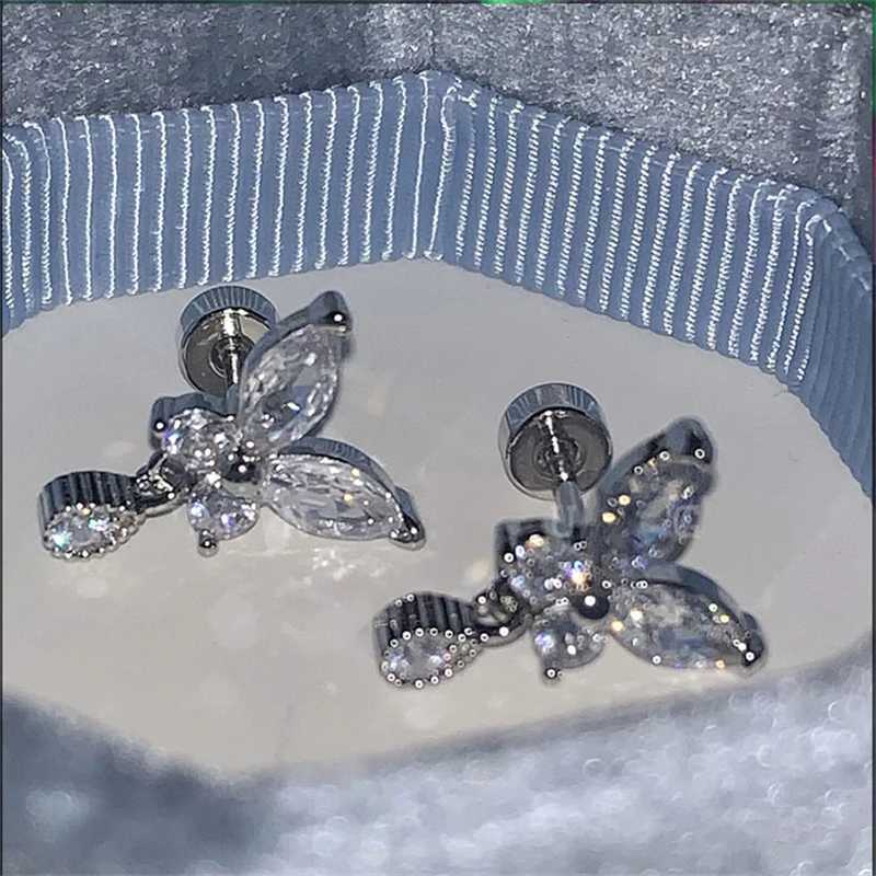 Shiny Hollow Silver Color Rhinestone Butterfly 316L StainlESS Steel Ear Bone Delicate Waterproof Small Earrings for Women Y250812