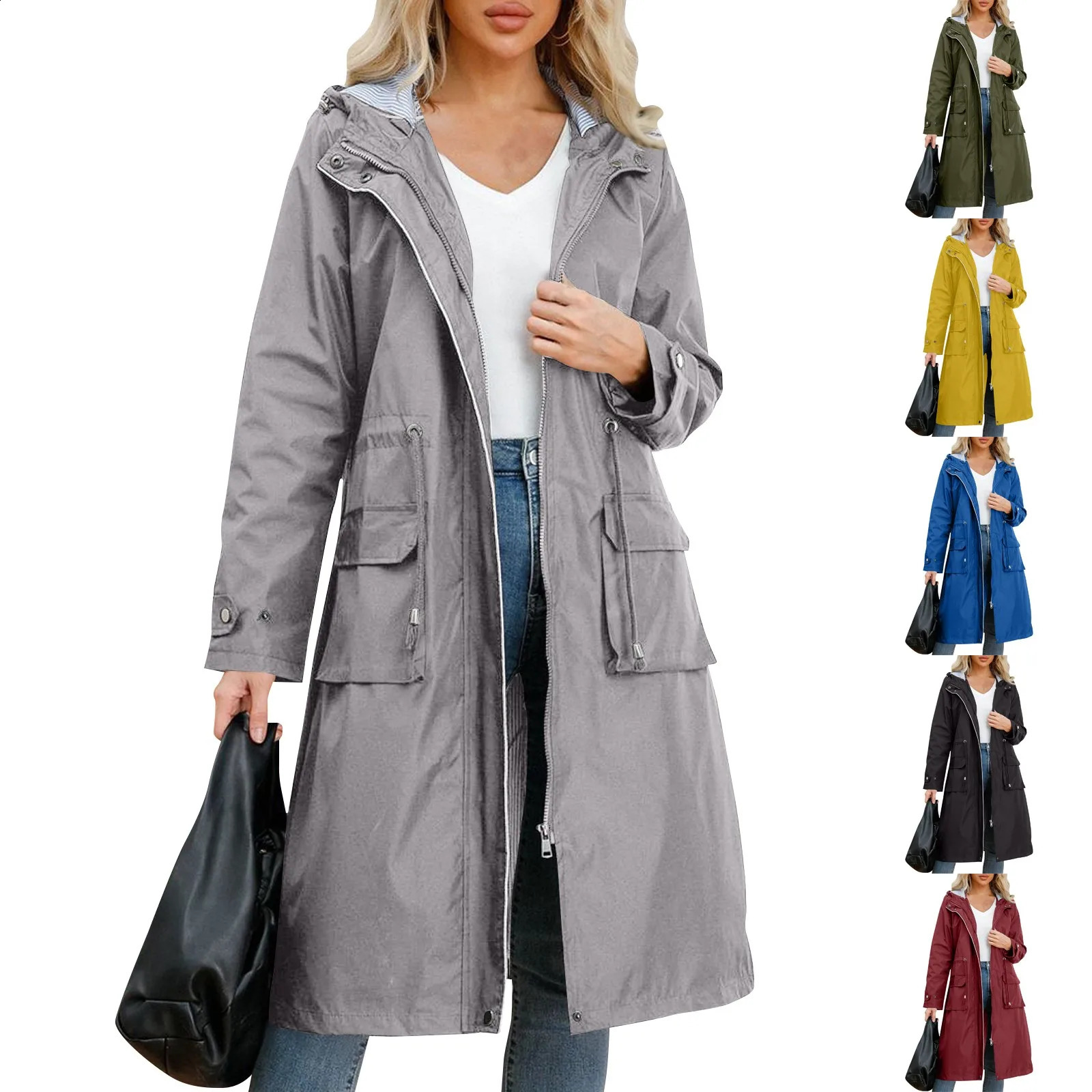 Womens Chic Hooded Long Sleeved Solid Color Trench Coat With Striped And Straight Tube Jacket Elegant British Style Windbreake 250805