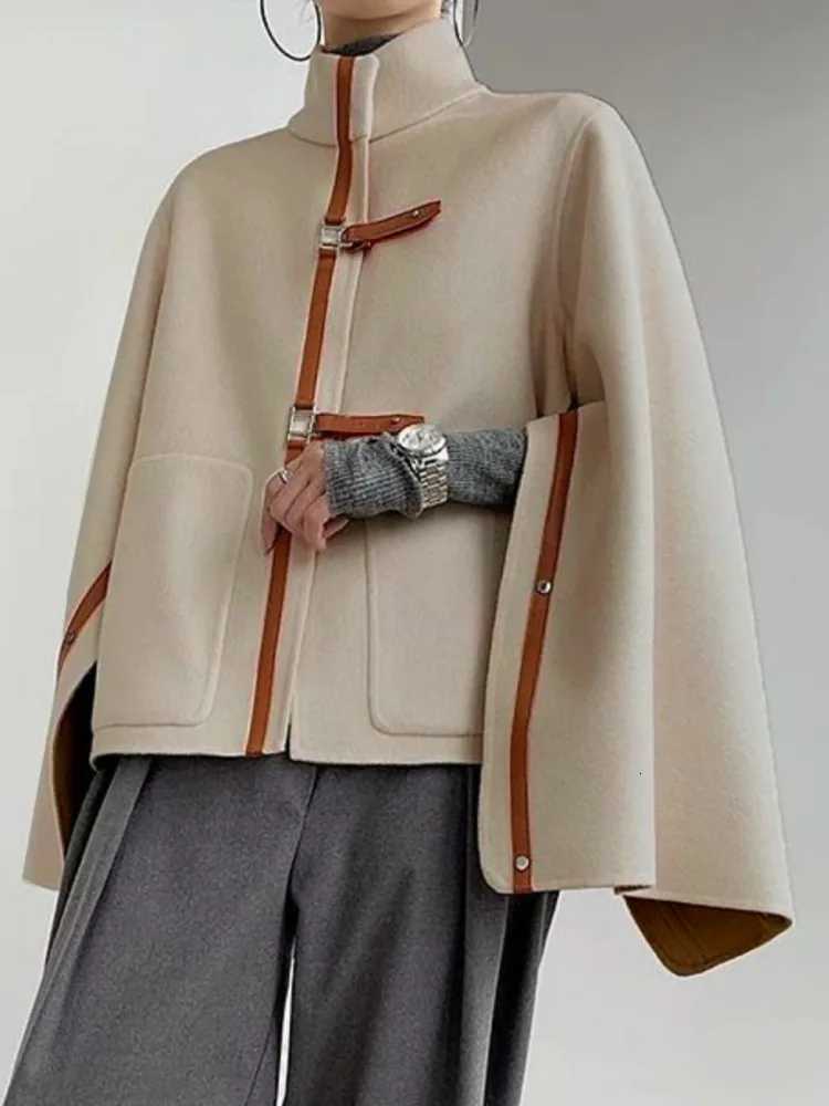 Freeacy Womens 2024 New Coat Buckle High Neck Jackets Autumn and Winter Loose Fit Long Sleeves Outerwear Casual Coats Z250813