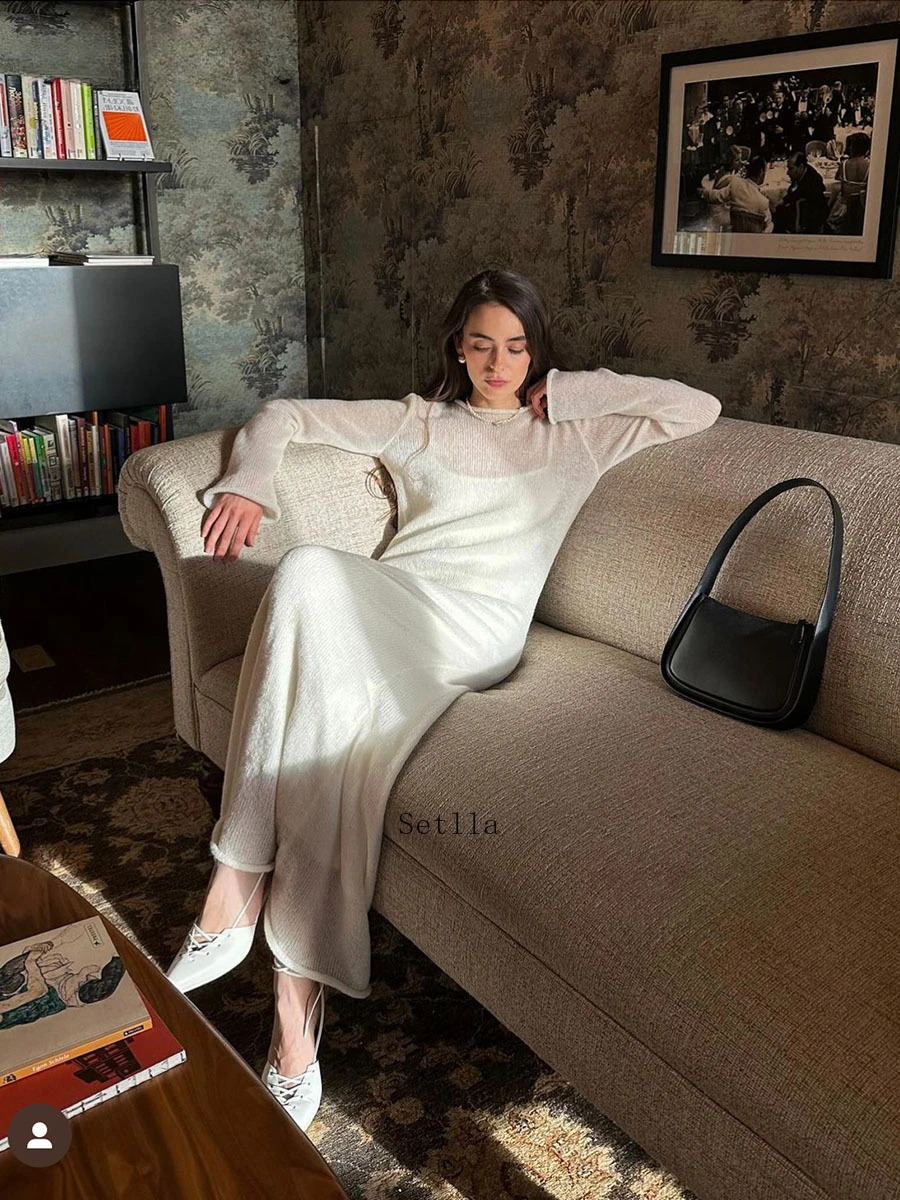 Spring Autumn O-Neck Elastic Knit Long Dresses Women Elegant Chic Soft Lady Hollowing Sweater Dresses Femme Two Piece Set 250805