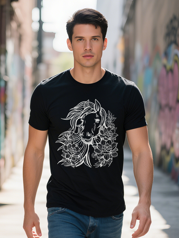 Men S Crew T-Shirt with Intricate Horse Design Black Soft Fabric Perfect for Summer Casual Attire Floral Print