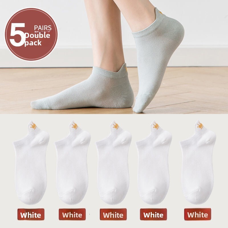 Crown Boat Socks for Women, Mesh Summer Thin Trendy Shallow Mouth Short Tube Socks, Jacquard Style, Breathable, Non-Embroidered, Odor-Resistant