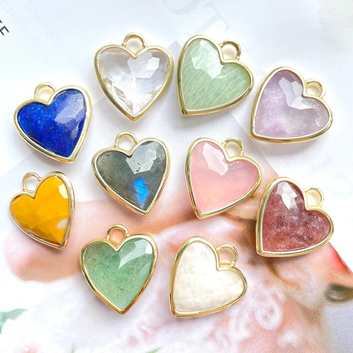 5pcs Gold-Plated Bezel Labradorite Amethyst Quartz Crystal Stone Heart Pendants for Earring Necklace Bracelet Jewelry Making 250807