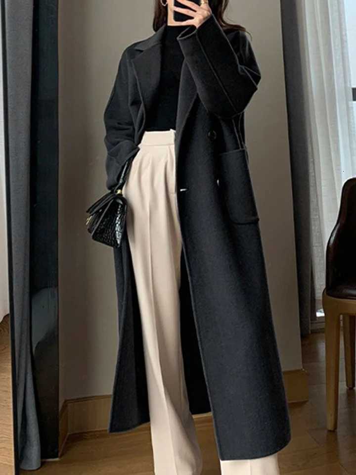 3 Fashion Long Wool Coat Women Elegant Faux Wool Casual Belt Long Jacket Winter Office Lady Double Breasted Simple Outwear Z250813