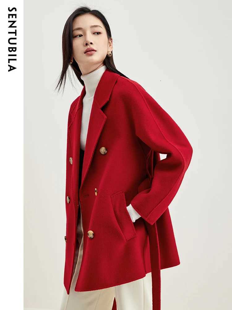 SENTUBILA Red Wool Wrap Coats for Women 2024 Winter Clothes Double Faced 100% Wool Loose Warm Jacket Female Outerwear W44O58458X Z250813