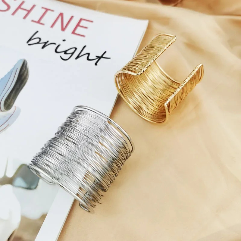 Fashion Womens Multilayer Metal Wires Strings Open Bangle Wide Cuff Bracelet Statement Jewelry Indian Bangles 250812