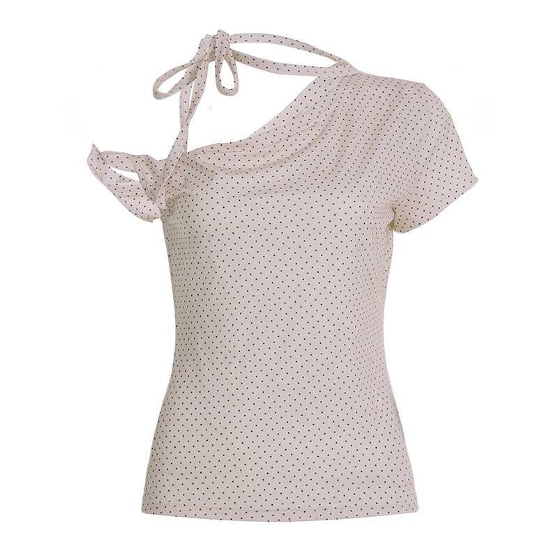2025 design Fashion Polka Dot Printed Slim Fold Women's T-shirt Sweet, Cute and Unique Design Single Shoulder Summer Shirt Designer Top