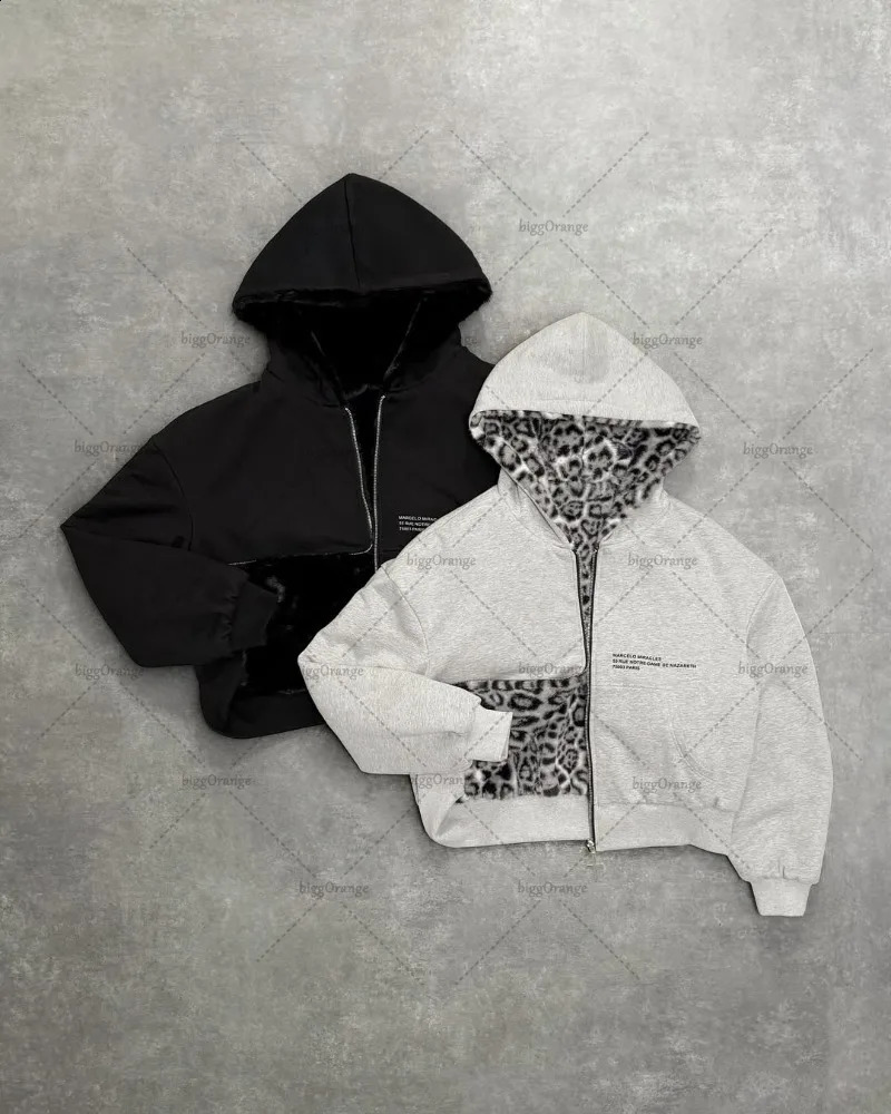 Y2K Harajuku Leopard Print Plush Zipper Hoodie Women High Street Gothic Retro Casual Streetwear Hip Hop Trendy Warm Jacket Men 250811