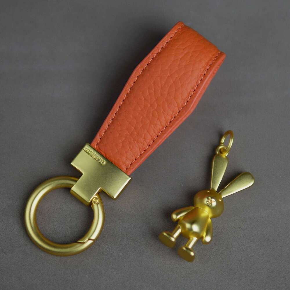 2025 French Style Little Golden Rabbit Pendant Lychee Grain Genuine Leather Car Keychain Ornament Gift