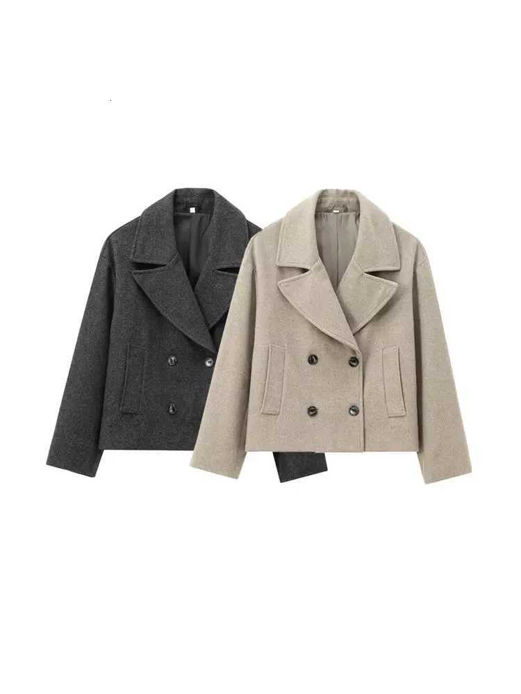 TRZA-Womens Short Double-Breasted Woolen Coat Lapel Collar Long Sleeve Female Outerwear Chic Tops Fashion Z250813