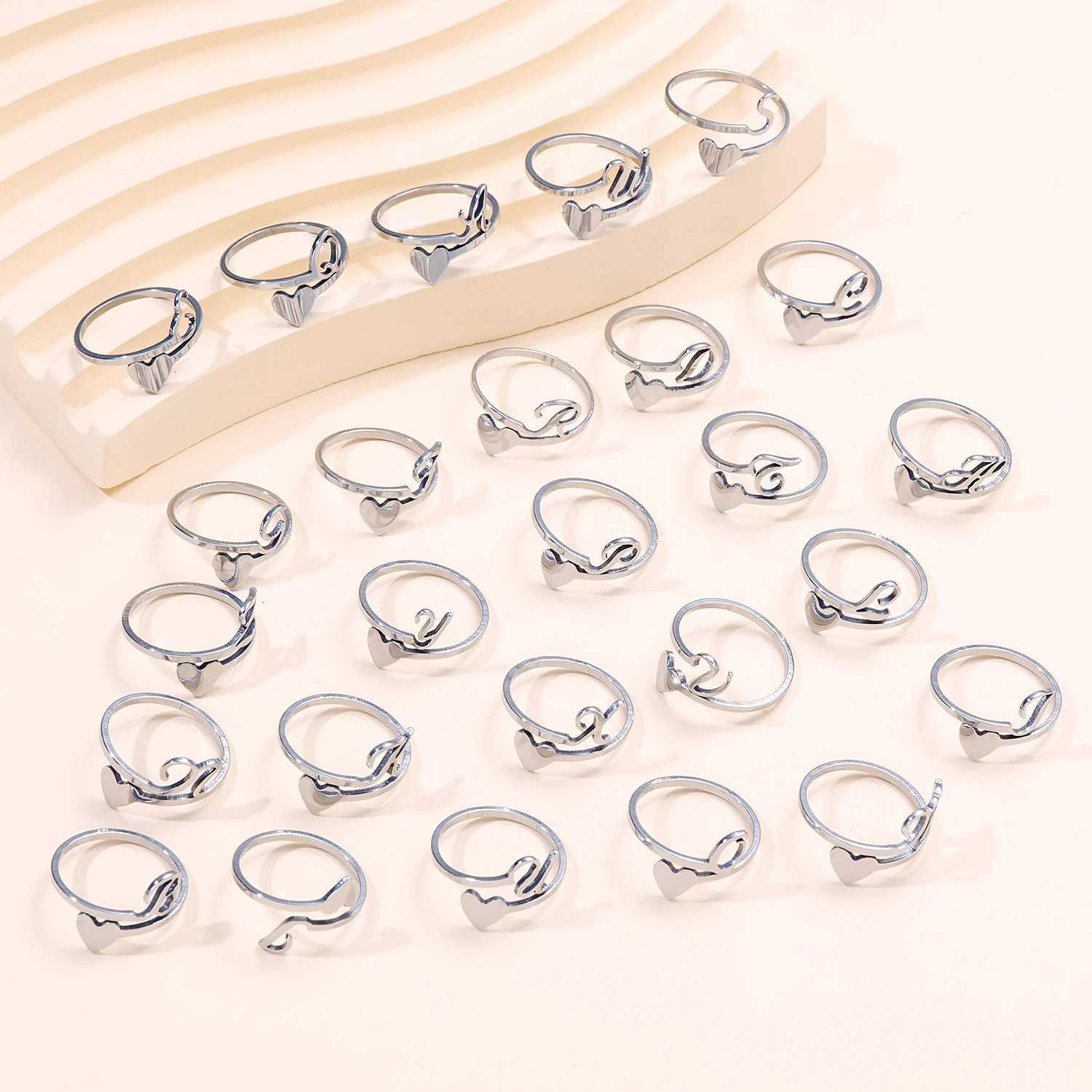 Fashion Silver Color 26 Letter Love Heart Rings Stainless Steel Open Ring for Women Men Couple Initial Name Finger Jewelry Gifts W250812