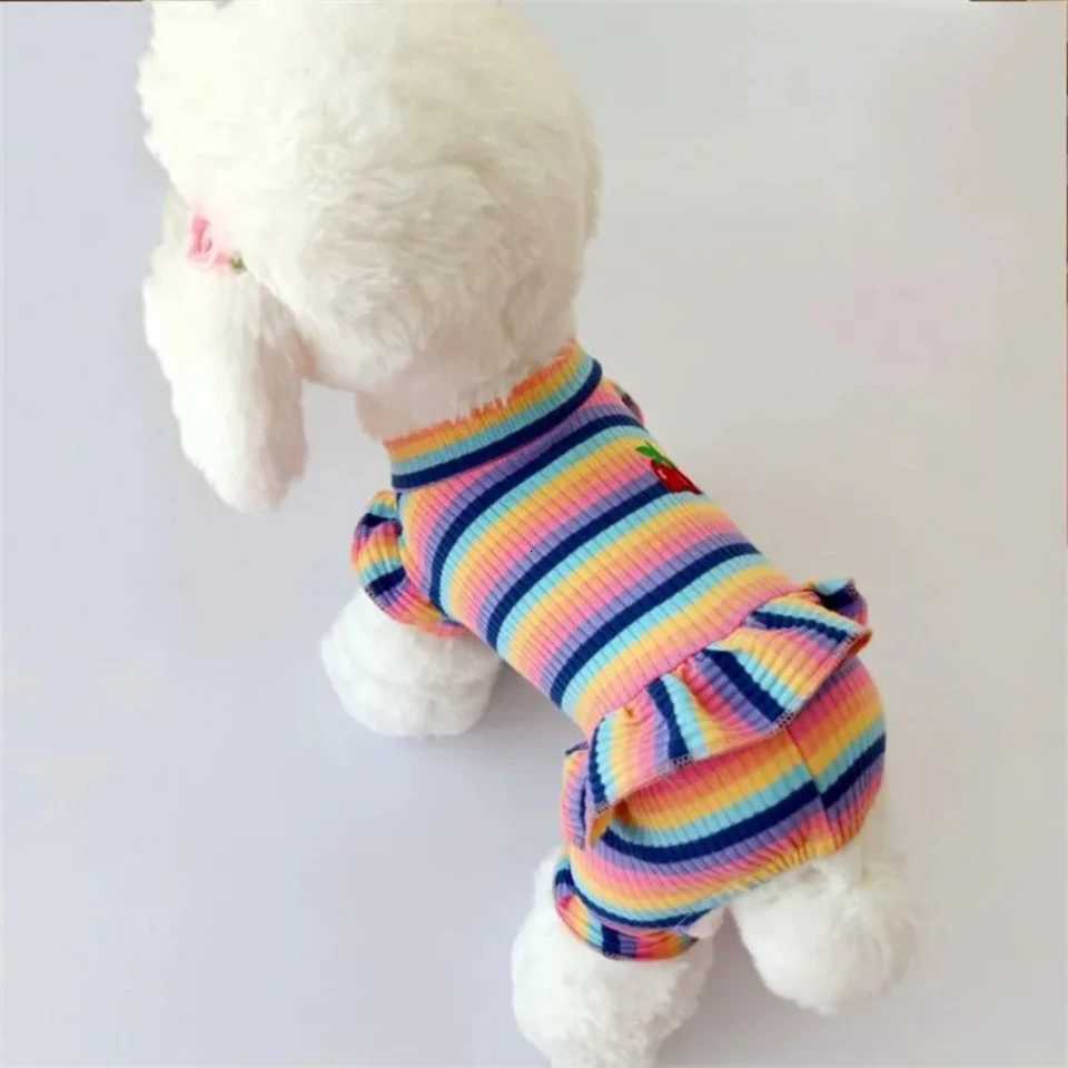 Rainbow Strip Puppy Clothes Cherry Pattern Dog Hoodies Jumpsuit Princess Pajamas Small Medium Dogs Yorkshire Pet Cat Pajamas XJ250813