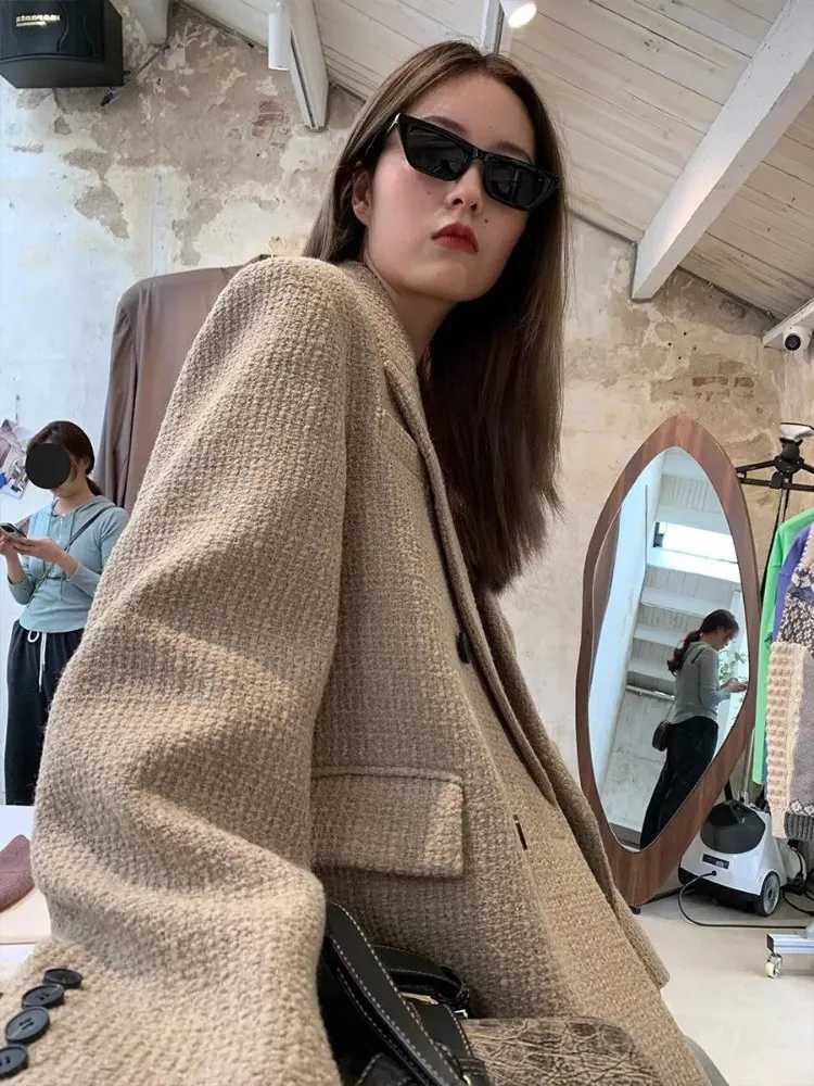 UNXX Small Fragrant Style Coarse Woolen Suit Jacket Retro Casual Solid Color Loose Double Breasted Woolen Blazer Coat Womens Z250813