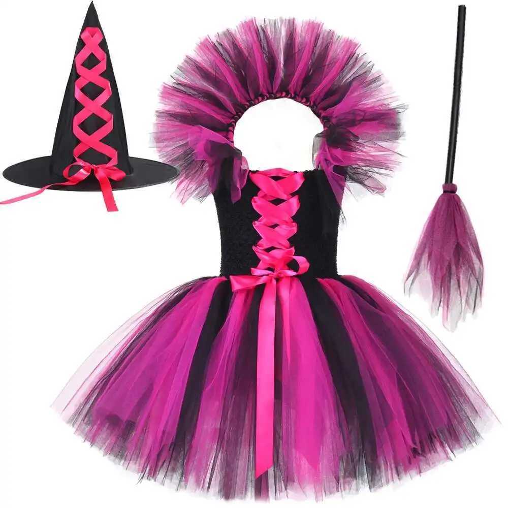 Black Purple Witch Costumes for Girls Halloween Lined Tutu Dress with Hat Broom Kids Carnival Party Witches Disguised Outfits G250812
