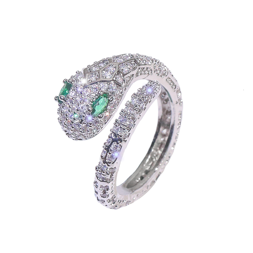Ring Silver Plated Snake Head Design Precision Inlaid Cubic Zirconia Open Adjustable Band for Wedding Party Anniversary Gift High Quality Texture