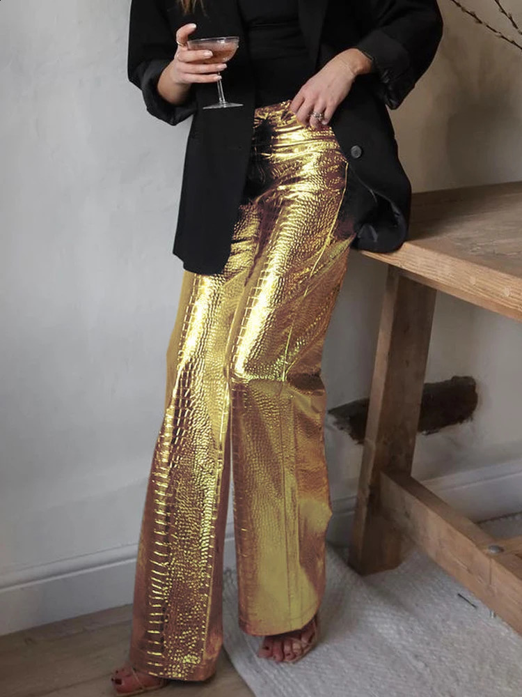 Gold Sliver Leather Pants Women Casual High Waist Straight Wide Leg Ankle Length Trousers Scale Leather Party Club Wears 250812