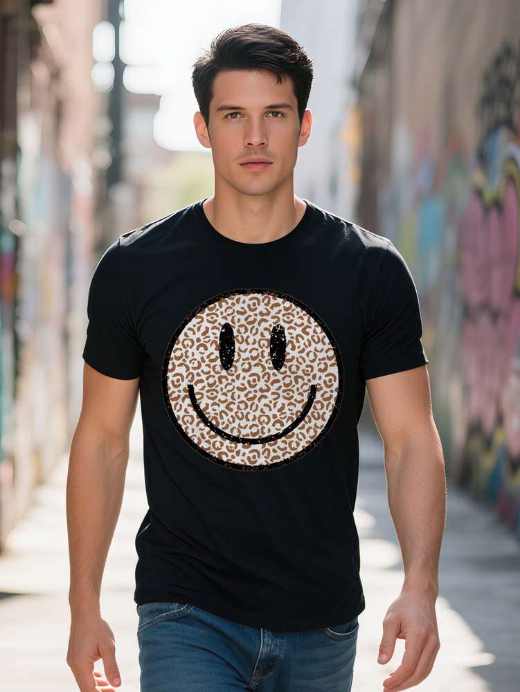 Short Sleeve T-Shirt Joyful Face Leopard Print Lightweight GSM Round Neck Top Black with White Design