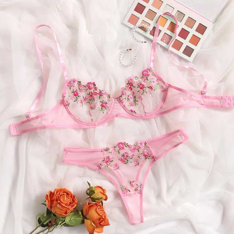 Bra Brief Set Woman 2 PCS Lingerie Sexy Floral Embroidery Underwear Mesh Intimate Transparent Lace Short Skin Care Bralette KitsXJ250812