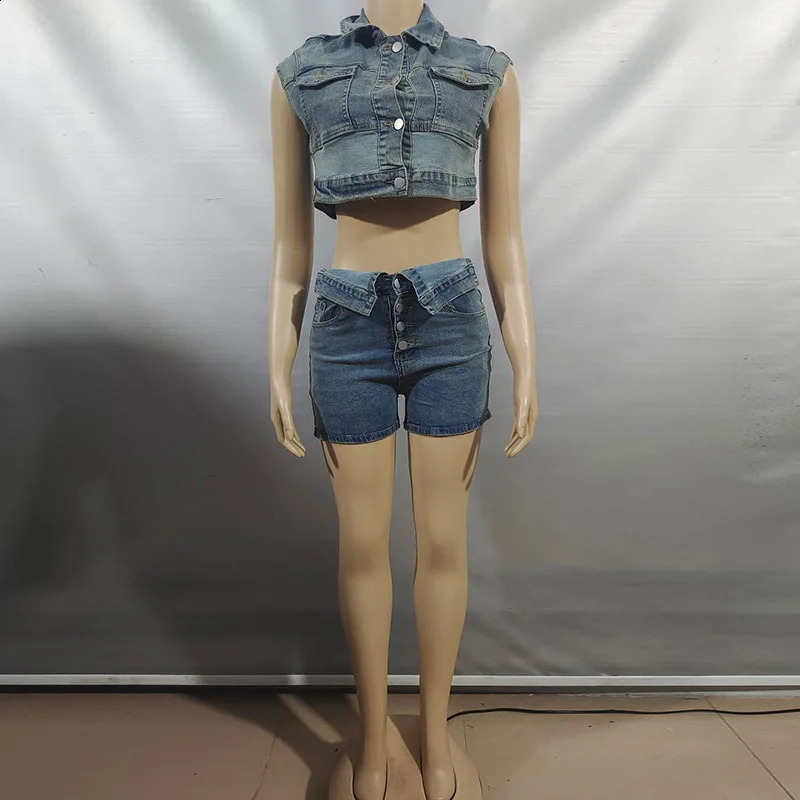 Benuynffy Vintage Single Breasted Sleeveless Crop Denim Jacket and Button Fly Shorts Streetwear Women Two Piece Outfit Set 250806