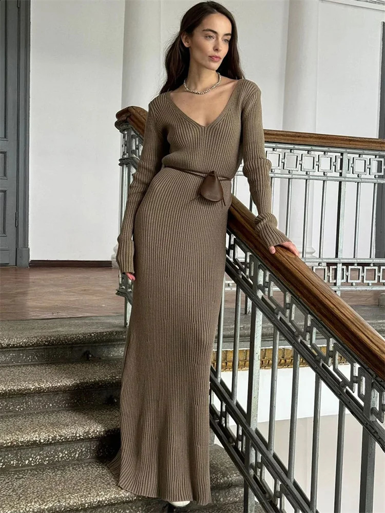 Tossy Ribbed Knit Loose Maxi Dress Female V-Neck Patchwork High Waist Casual Party Dress Clothes Womens Knitwear Dress 250805