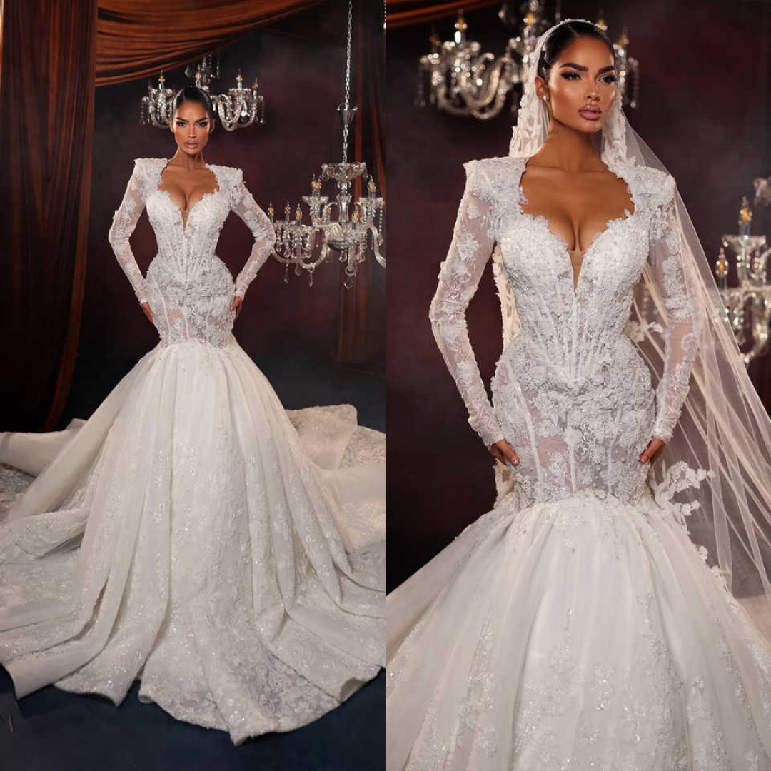 Stunning Mermaid Wedding Dresses V Neck Long Sleeve Bridal Gowns Pearls Lace Appliques Bridal Dresses Custom Made