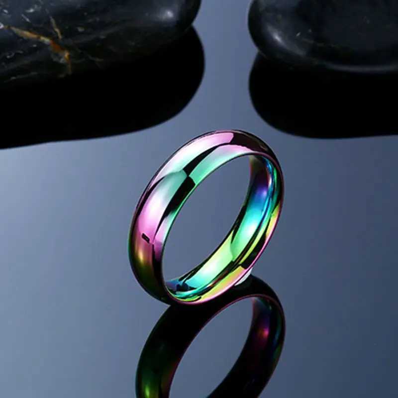 6mm Rainbow Colorful Smooth Surface Rings for Women Trendy Cute Stainless Steel Wedding Bands Jewelry W250812