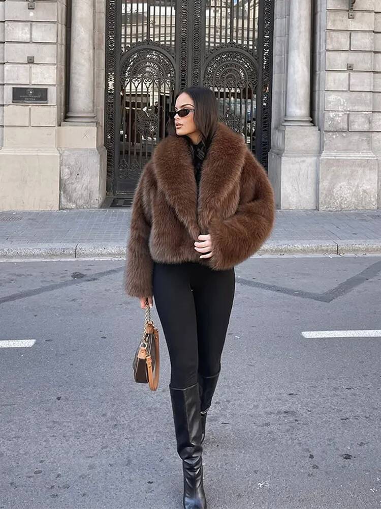 Elegant Brown Fluffy Faux Fur Jacket Autumn Women Fashion Lapel Long Sleeves Short Coats Winter Warm Female Street Outwears