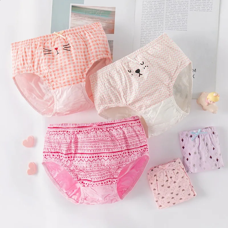 510Pieces Cotton Panties For Girls Cute Cat Print Plaid Children Triangle Underwear Comfortable Breathable Toddler Briefs 250812