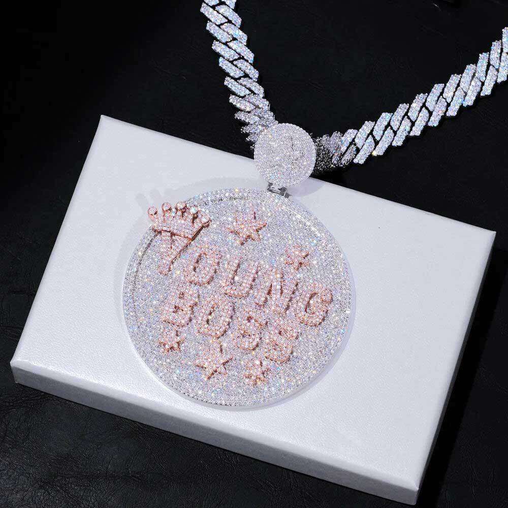 Hip-hop style oversized round disc ice pendant featuring custom-designed letters with VVS sapphires. Men's fashionable necklace, body decoration 
