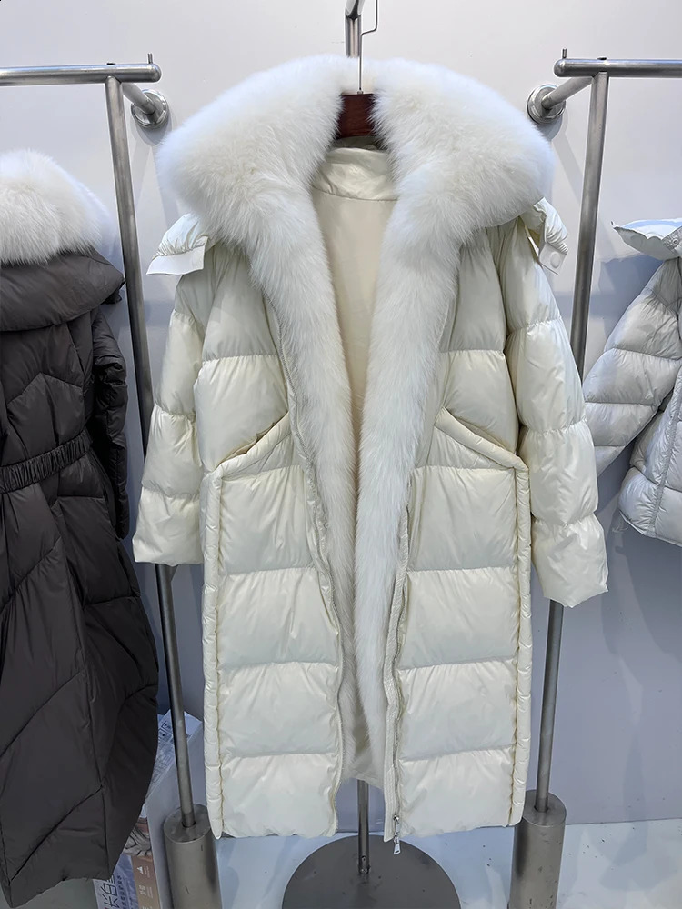 Winter Women Natural Fox Fur Collar Coat Goose Down Jacket Hooded Casual Long Puffer Jackets Parkas Clothing 250811
