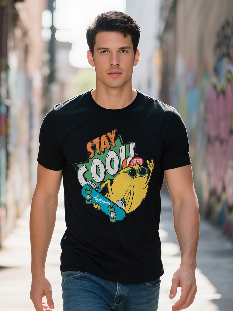 Round Neck T Shirt with Stay Cool Cartoon Character Graphic Skateboarding Design Ideal Summer Gift for Men Casual eea16