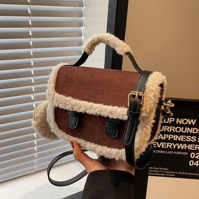 Winter Womens Plush Small Square Bag Color Contrast Single Shoulder Crossbody Bag Brown Handbag 250809