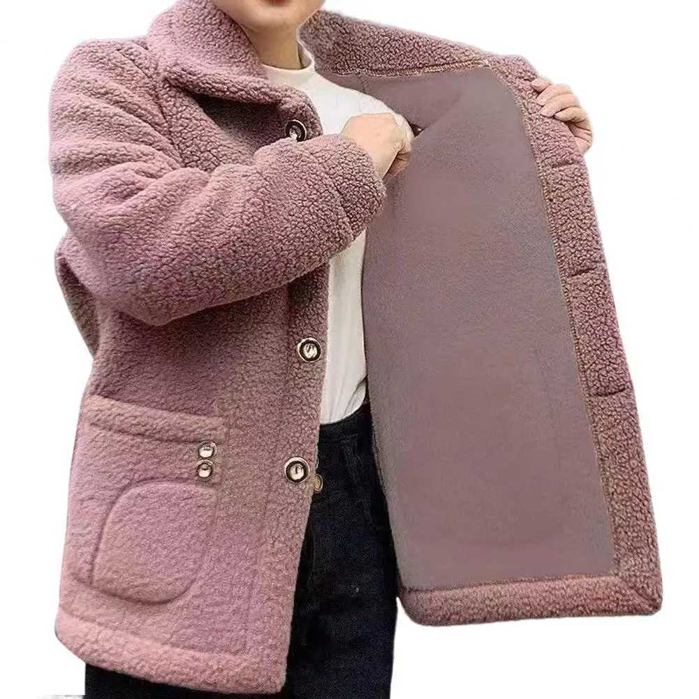 Winter Fleece Coat Single-breasted With Side Pockets Turn-down Collar Coat Coldproof Solid Color Long Sleeves Outwear Jacket Z250813