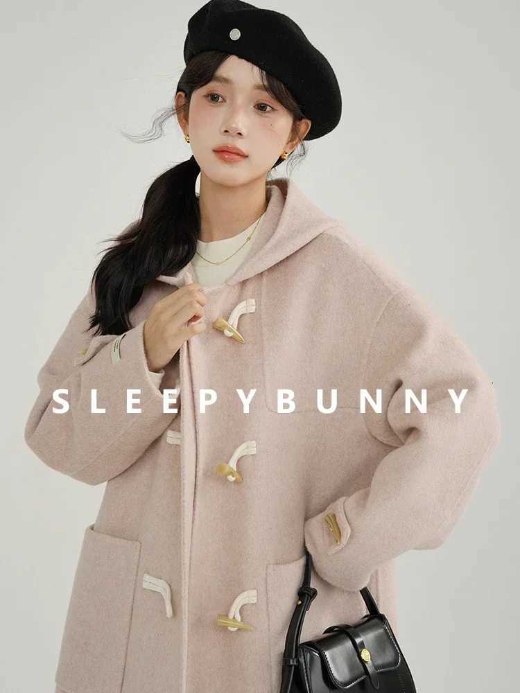 Vintage Hooded Wool Coat with Denim Horn Buttons Double-Sided Casual Loose Fit Duffle Coat for Women Warm Stylish Outerwear Z250813