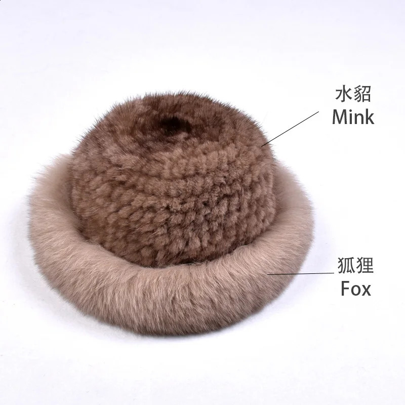 Besfilin Womens Genuine Mink Fox Fur Bucket Hat with Big Fox Brim Hand Knitted Casual Travel Warm Spring Autumn Winter 250808