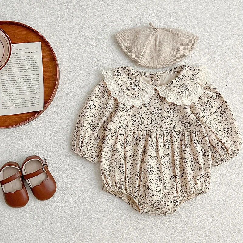 Autumn Cute Overalls Baby Girl Lace Ruffle Romper 024M Flower Cotton Girls Spring Fashion Clothes 250812