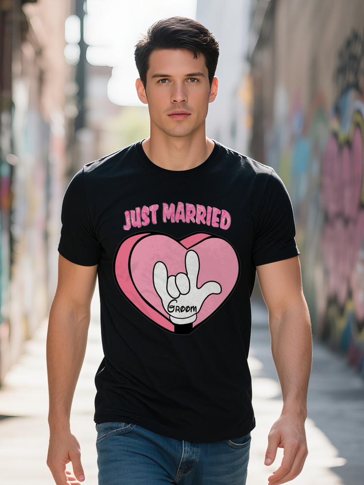 Just Married Men s Casual Crew Neck T Shirt Black Graphic Tee with Pink Gesture Design Perfect Gift for Couples