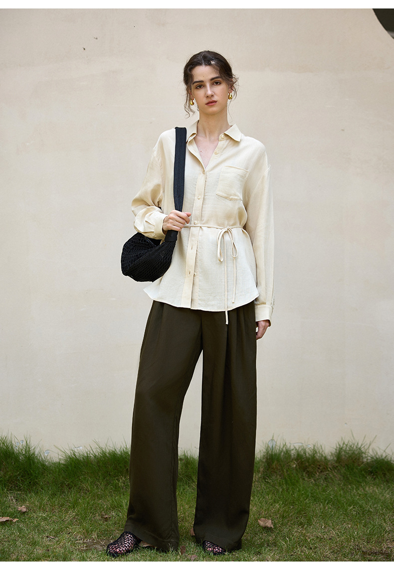Tencel Natural Texture Long Sleeve Women's Shirt Jacket Autumn Winter French Style Elegant Waist Tie Linen Blouse