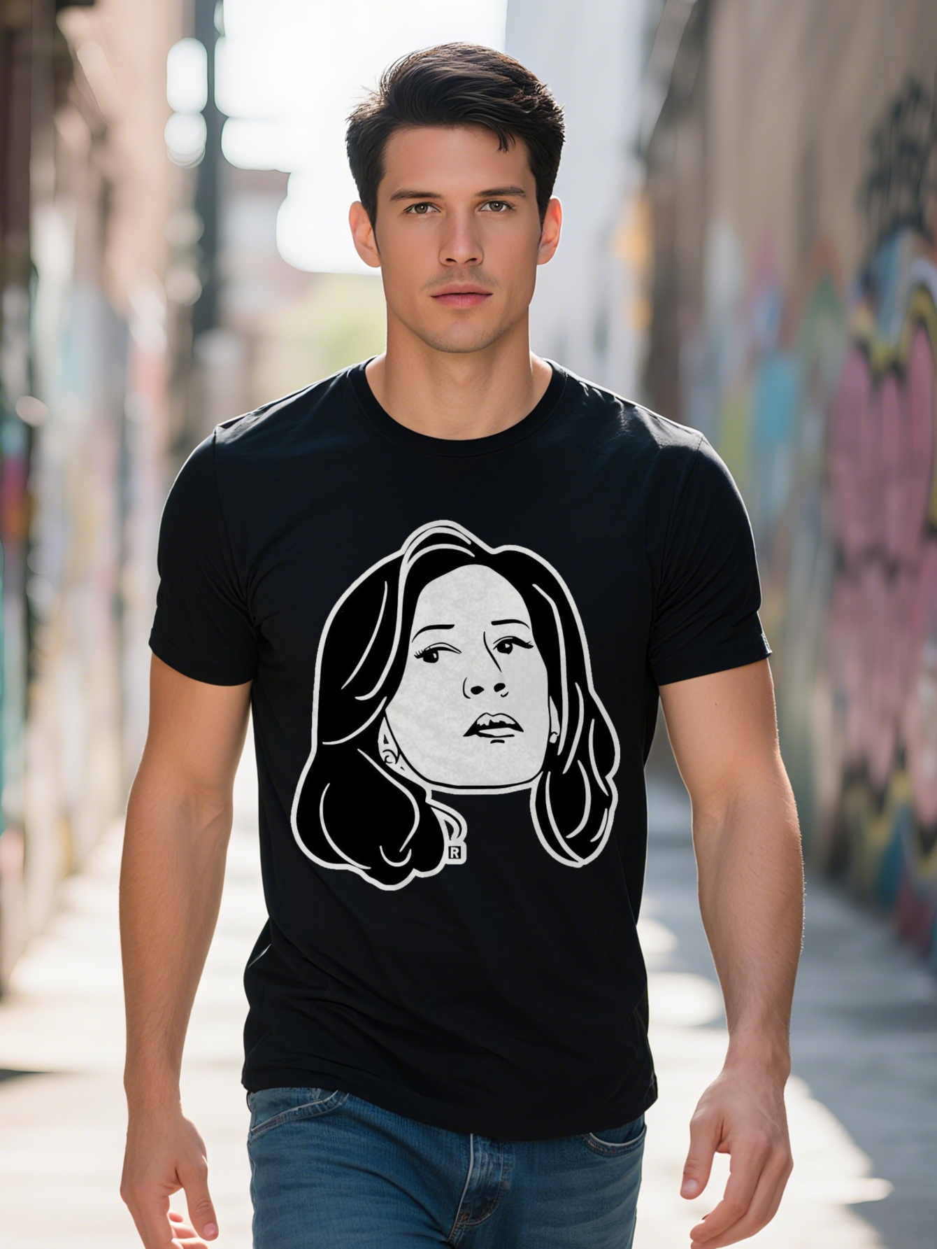 2024 Casual Graphic Print T-Shirt Lightweight gsm Round Neck Summer Tee Regular Fit Black with White Line Art