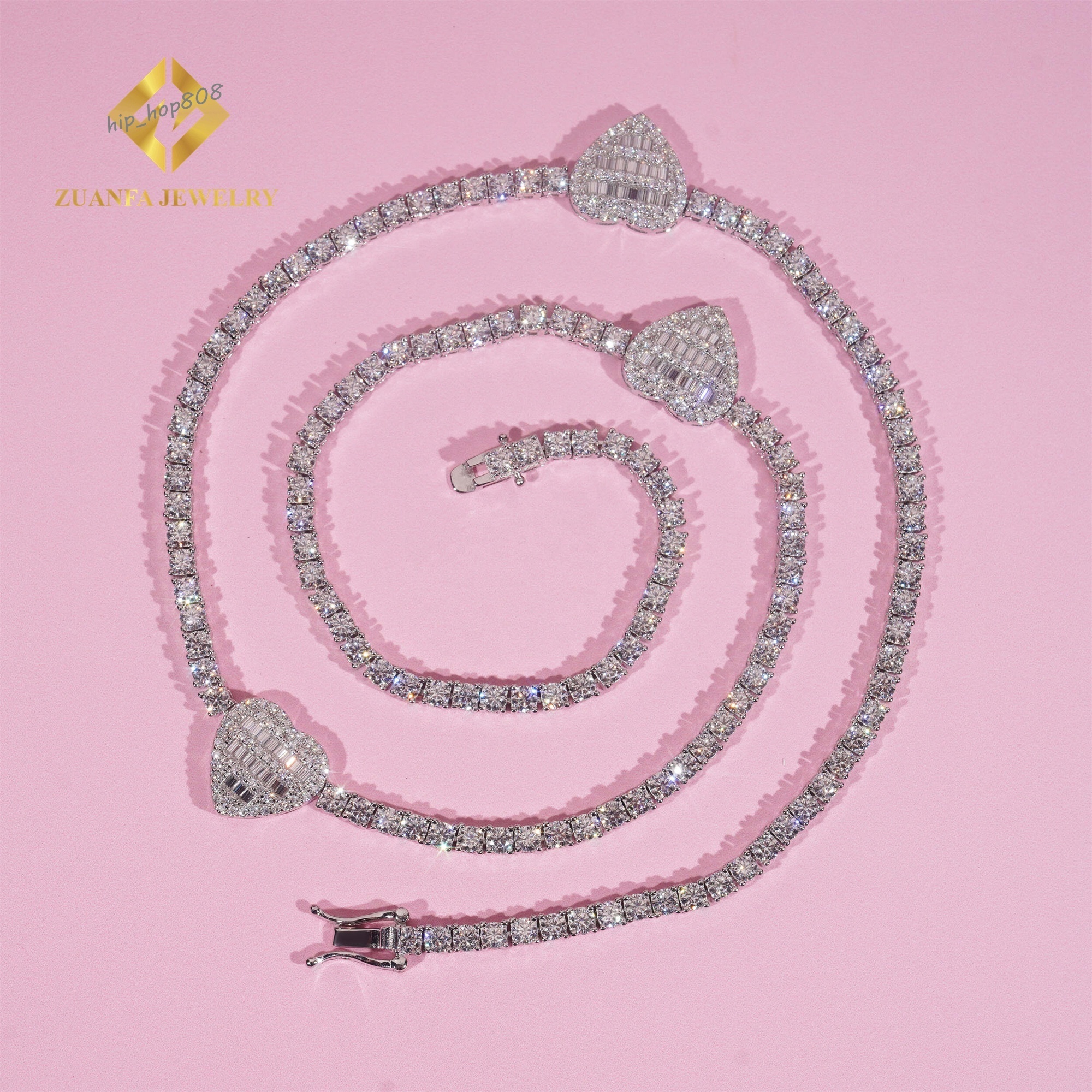 GRA Certificate Elegant Women Gift Jewelry 3mm 925 Sterling Silver Iced Out VVS1 Moissanite Diamond Heart Cluster Tennis Chain