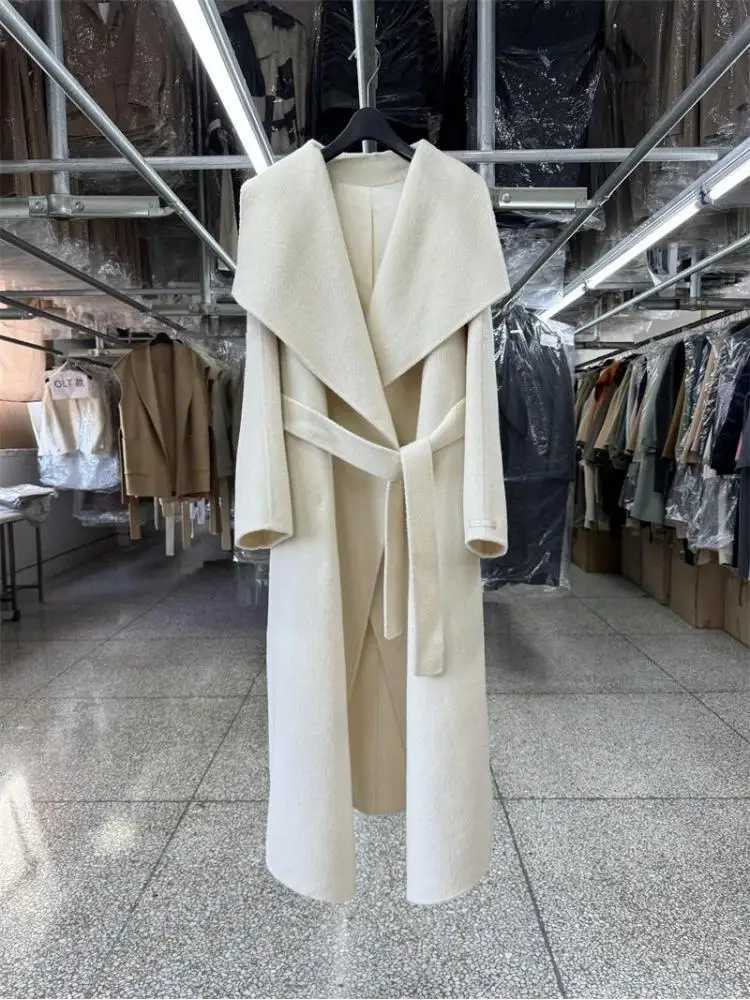 Large Lapel Woolen Jackets 2024 Autumn And Winter Korean Style Loose Lazy Lace-Up Womens Long Wool Coats Outerwear Z250813