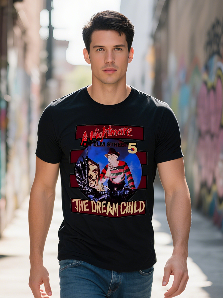 Men S Casual Crew Neck T-Shirt A Nightmare on Elm Street Design Black with Red White Stripes Perfect for Fans