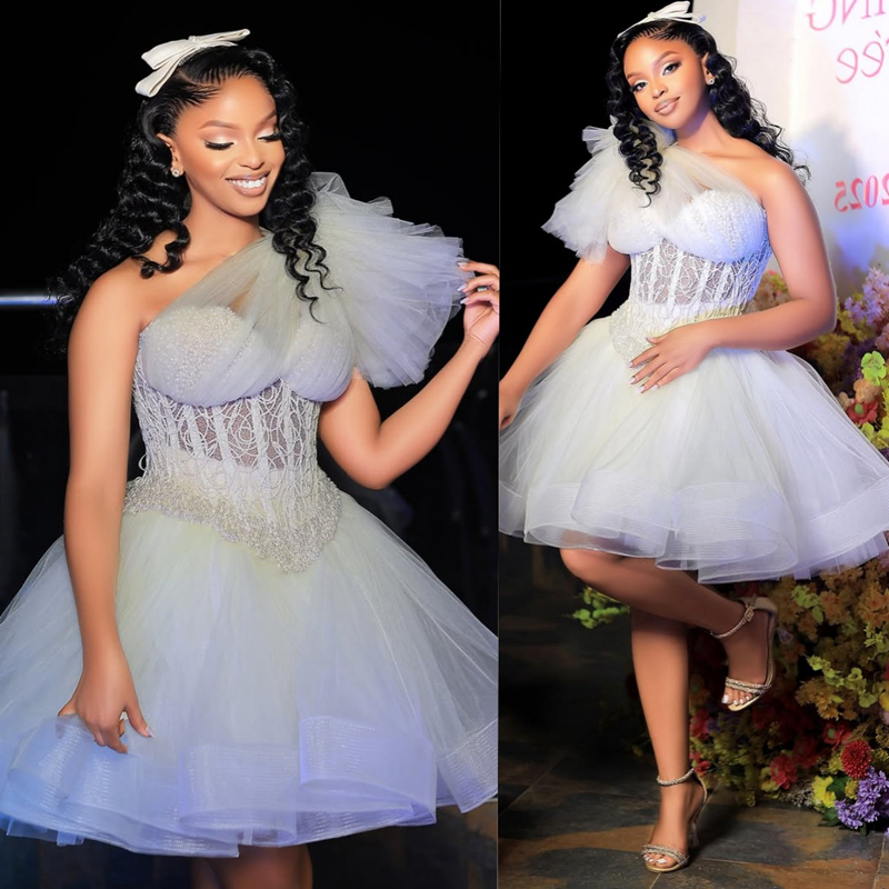 2025 Ivory Cocktail Dresses For Women Short Mini Dress One Shoulder Tiered Tulle Appliqued Illusion Puffy Homecoming Dresses Mini Gown For Nigeria Bla